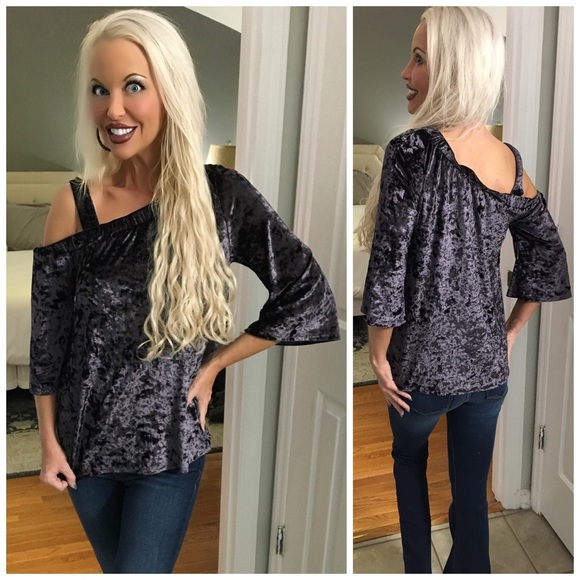 SALE!  Eggplant one shoulder velvet top - Picture 3 of 5